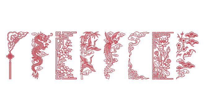 Traditional Chinese red paper cut border set, oriental dragon and phoenix decorative elements, vintage floral woodcut frames for Lunar New Year