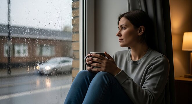 Woman sitting by rainy window looking outside.