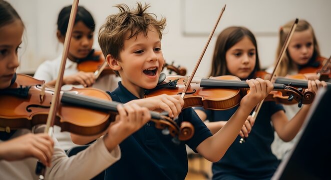 Group of children playing violins in a music class