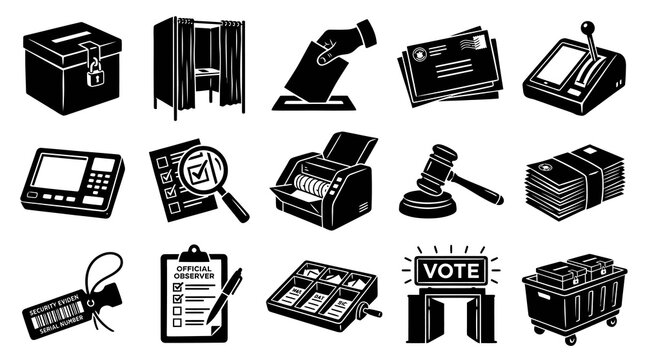 Election and Voting Icons: Ballot Box, Booth, Voting Machine, Mail, Gavel, Money, Clipboards
