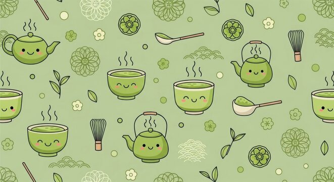 Hand drawn matcha tea pattern with teapots and bowls.