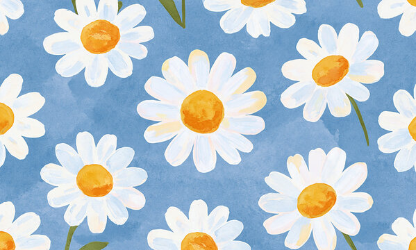 Sky blue background white daisy flower watercolor pattern