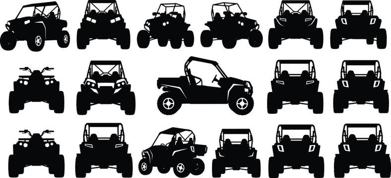 Off-road vehicle silhouette vector illustration set, black white clipart of ATV UTV rugged design, transport artwork bundle for adventure themes