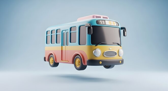 Cute 3d cartoon bus with yellow and pink body isolated on white background