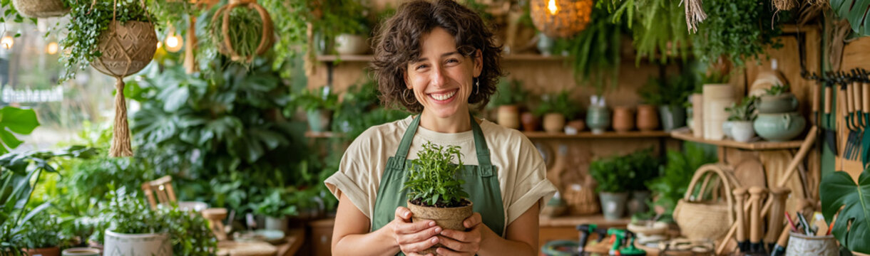 Green Thumbs and Growing Dreams: A smiling woman, an avid gardener, holds a small potted plant amidst a vibrant sanctuary of lush greenery.