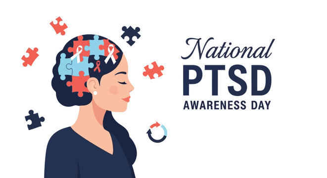 National PTSD Awareness Day observed with a woman's profile and puzzle pieces representing mental health struggles