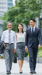 Obraz premium Successful Business Trio: Three diverse business people, an elder man and a young couple, walk confidently on a city sidewalk, showcasing professionalism and success.