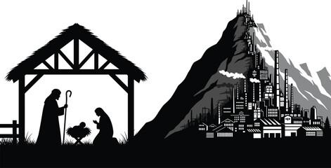 Obraz premium Nativity silhouette, industrial contrast, spiritual vs modern, black and white, Christmas theme, vector clipart, line art, stock illustration, environmental message, tradition vs technology