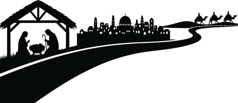Nativity silhouette, Magi journey, Bethlehem cityscape, Christmas vector, clipart, line art, stock illustration, spiritual theme, religious icon, holiday scene