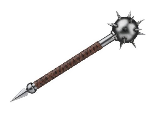 Spiked mace weapon with wrapped handle and sharp metal tip isolated on white background