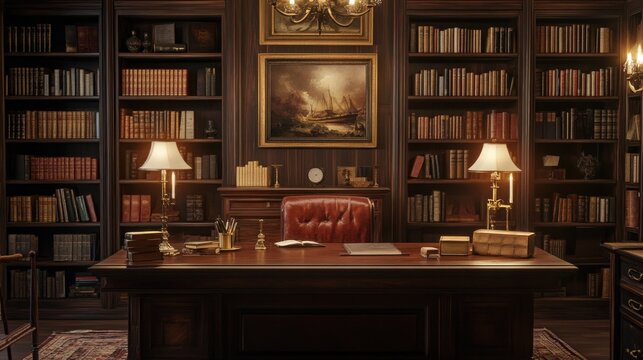 Antique library study room with bookshelves and leather armchair