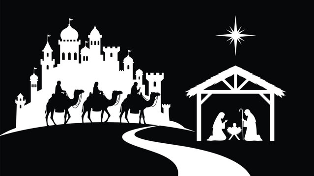Nativity scene silhouette, Christmas vector, black and white, holy family, Three Wise Men, Bethlehem star, religious clipart, manger