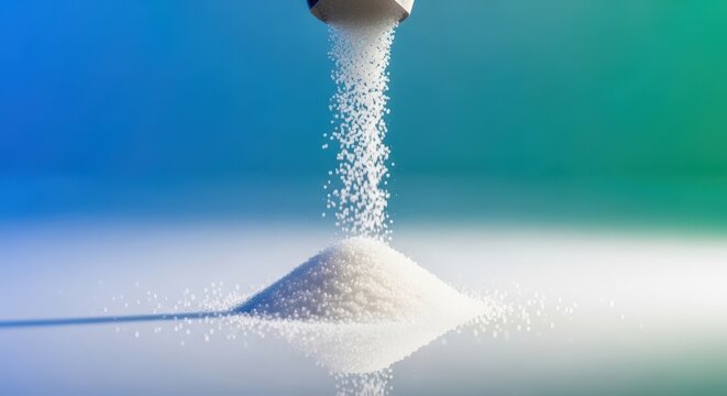 White granular sweetener poured from a small packet, symbolizing diet, low calorie intake, and healthy eating choices, close up, natural, substitute