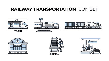 Railway transportation icons including train station and freight © ghina