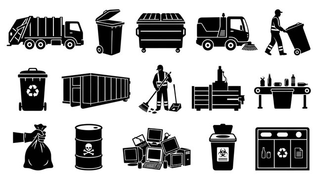 Black  White Glyph Icons of Waste Management and Recycling Equipment