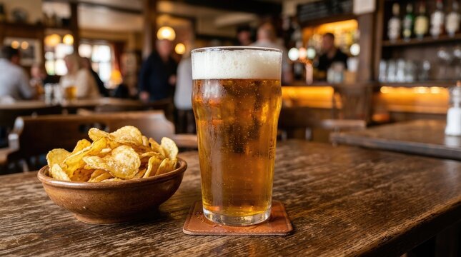 A glass of amber beer sits on a wooden table next to a bowl of potato chips. The beer has a foamy head and is accompanied by a leather coaster.