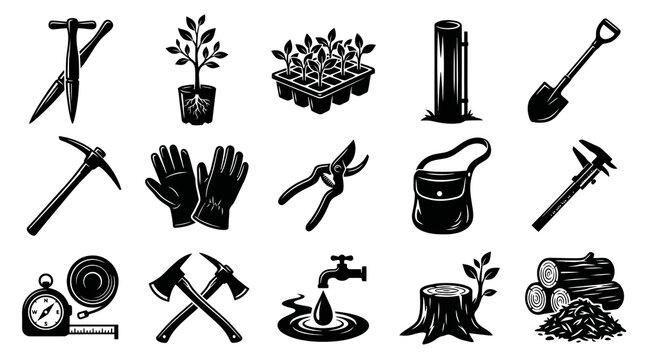 Gardening, Forestry  Landscaping Glyph Icons Set. Monochrome Symbols for Agriculture, Outdoor Tools.