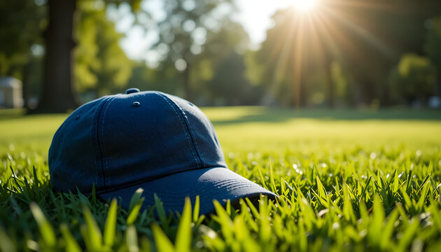 cap on the green grass