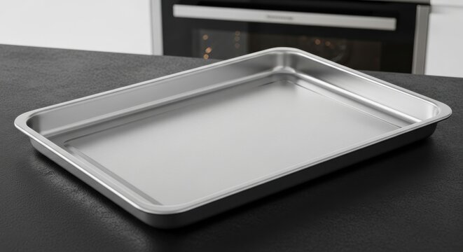 Metal baking tray on dark counter.
