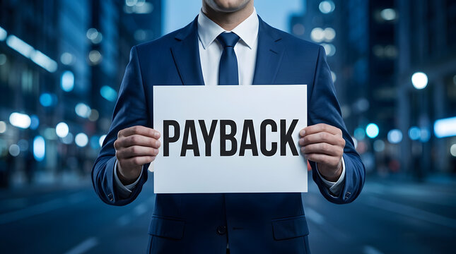 Businessman holding payback sign in city