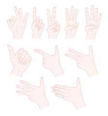 Fototapeta premium Sign Language Numbers 0-9 Hand Gesture Set, American Sign Language ASL Counting Symbols, Educational Vector Illustration Collection