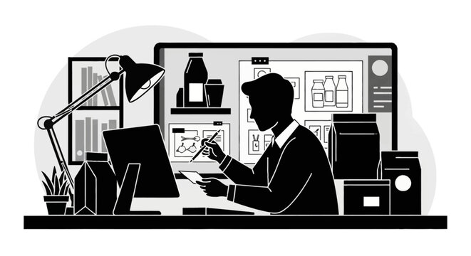 Black and white vector illustration of a male designer at a desk, working on product packaging layouts and branding on a computer monitor in a minimalist creative office space.