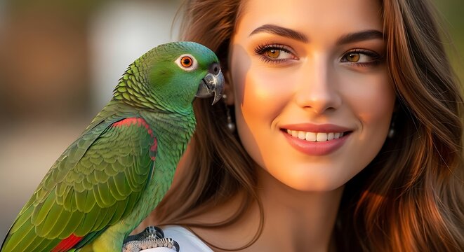 Close-Up of Green Parrot Perching on Human Shoulder.