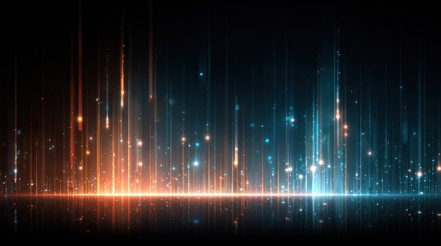 Vertical streams of orange and cyan light particles illuminate a dark horizontal plane with reflections
