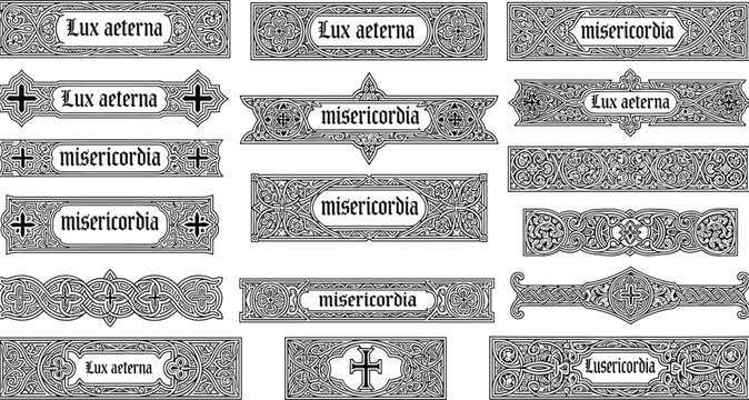 Medieval decorative banner set, Gothic Latin text, floral cross motifs, black white vector, ecclesiastical manuscript illustration bundle