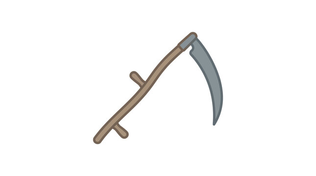 A hand drawn illustration of a traditional farming scythe tool.