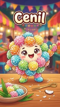 A colorful cenil dessert mascot made of chewy rice flour pieces coated with coconut. The bright colors create a playful and cheerful cartoon character.