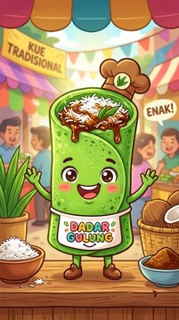 A bright green dadar gulung mascot filled with coconut and palm sugar. The rolled pancake character looks cheerful and friendly in a colorful cartoon illustration.