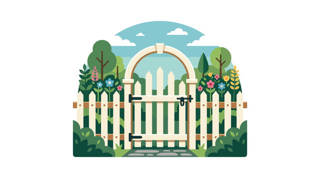 A charming white wooden picket fence with a central arched garden gate.