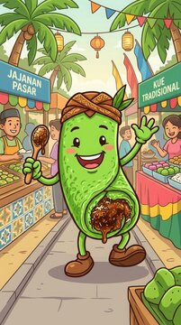 A bright green dadar gulung mascot filled with coconut and palm sugar. The rolled pancake character looks cheerful and friendly in a colorful cartoon illustration.