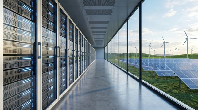 High tech server room corridor with glass wall overlooking wind turbines and solar farm, symbolizing green cloud computing and sustainable IT