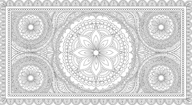 Mandala vector, floral border design, black and white artwork, intricate pattern, meditation coloring page, ornamental line art, spiritual decor