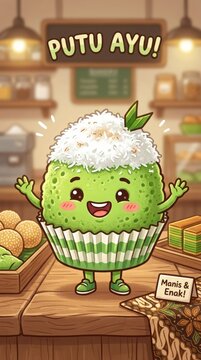A cute putu ayu cupcake mascot topped with grated coconut. The soft green cake character smiles happily in a playful cartoon style.
