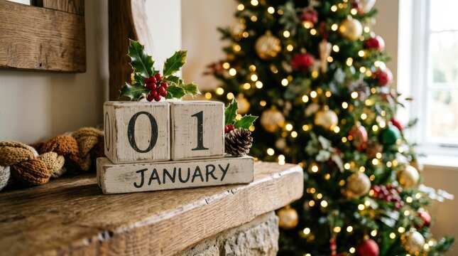 A wooden calendar block set showing january 1st with holly berries and leaves on a stone mantelpiece near a decorated christmas tree