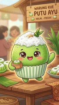 A cute putu ayu cupcake mascot topped with grated coconut. The soft green cake character smiles happily in a playful cartoon style.