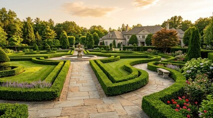 Fototapeta premium A grand estate sits nestled within a lush, manicured landscape. A formal garden features a symmetrical, stone-paved pathway leading to a central fountain.