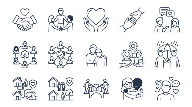 Social support and community care line icon set for charity work