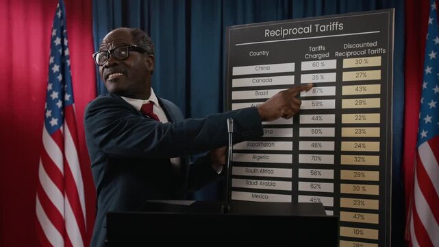 Black politician pointing at reciprocal tariffs chart during press conference. Ideal for news broadcasts, political campaigns, and educational videos on international trade