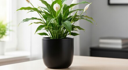 Fototapeta premium Peace lily houseplant in black pot on desk.