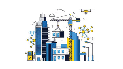 Obraz premium Digital Construction: Smart City Development, Modular Building, Crane, and Drone Technology. Future Urban Infrastructure Line Art.
