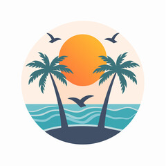 Obraz premium Tropical Beach Sunset with Palm Trees and Seagulls