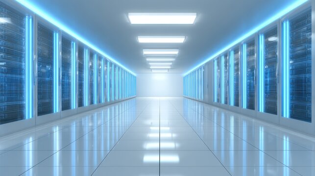 Gleaming modern data center aisle illuminated by vertical blue light panels on server racks