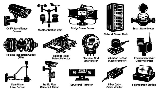Smart City Monitoring Devices Black and White Vector Icons