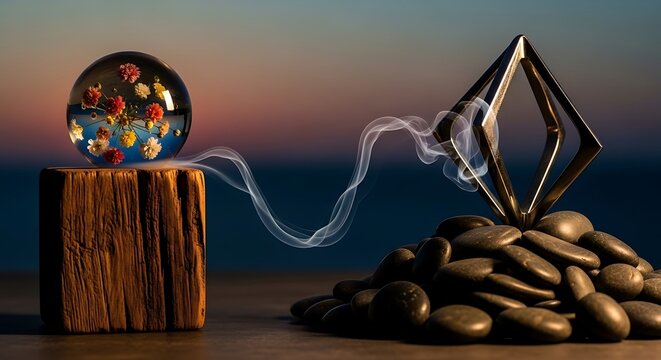 Crystal ball and coffee beans smoking.