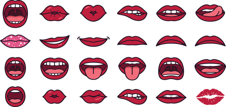 Red lipstick woman lips expressions vector set with biting lip tongue out open mouth shouting glitter makeup smile and kiss imprint mark icons
