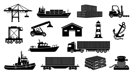 Obraz premium Maritime Logistics Icons: Ships, Cranes, Trucks, Warehouse, Lighthouse, Anchor, Forklift, Pallets, Bollard